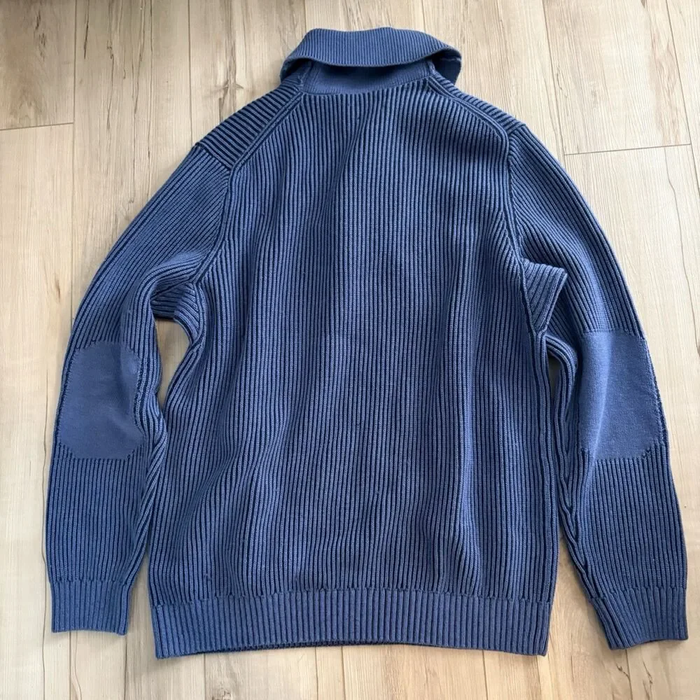Duluth Trading Knit Pullover Sweater Blue Shawl Neck Buttons Wool Blend Size L